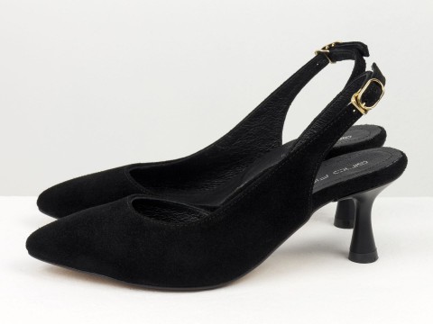 Чорні туфлі з натуральної замші з відкритою п'ятою на підборі рюмочка ,Т-2305-13
